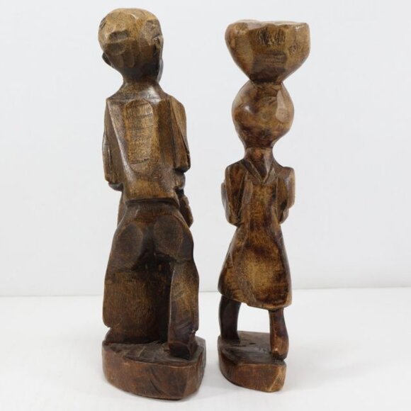 2 Vintage Primitive Figurines African Wood Carving Women Basket Tribal Folk Art - Picture 9 of 14